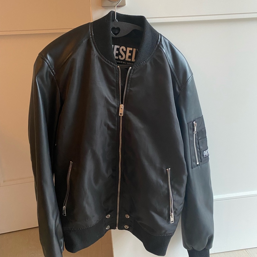 Like new Diesel Black Bomber Jacket with leather arms for kids